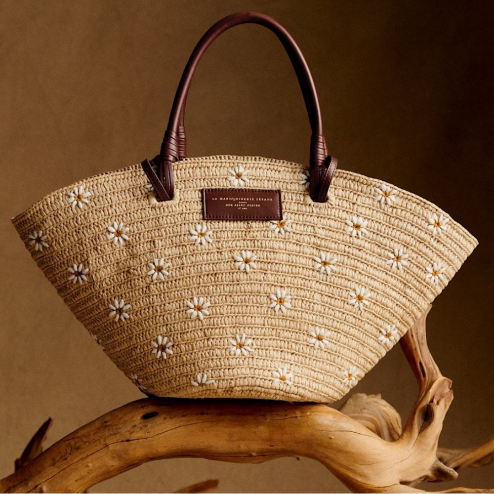 Sezane Justine Basket Raffia Embroidered Flowers - Size TU